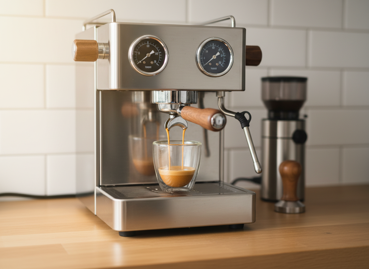 A polished stainless steel semi-automatic espresso machine with dual gauges, a portafilter locked into the group head, and a warm amber shot of espresso pouring into a clear double-walled glass. The machine sits on a clean, light oak kitchen counter with a subtle reflection on the surface. In the softly blurred background, neatly arranged grinders and tamper accessories rest against a neutral subway-tile backsplash. Soft morning natural light streams in from the left, creating gentle highlights on the metal edges and a faint crema-colored glow. Photographic realism, eye-level composition with a shallow depth of field, calm and professional mood, ideal for a hero image on an espresso review site.