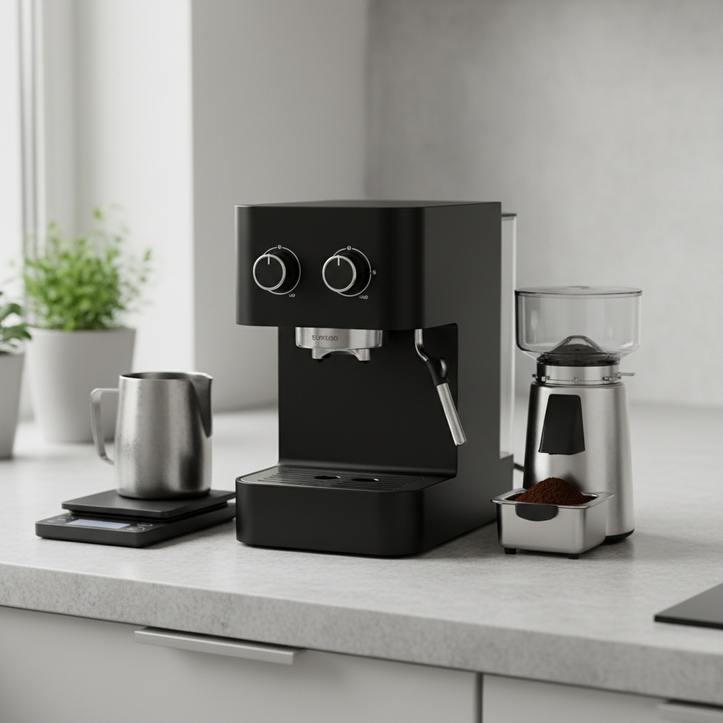 A compact entry-level espresso machine with a matte black finish and simple dial controls, centered on a small apartment countertop made of light gray stone. Beside it, a modest single-dose grinder with a clear hopper and a tidy mound of freshly ground coffee rests on a metal dosing tray. A milk frothing pitcher and a digital scale are neatly aligned nearby, suggesting a beginner’s home barista setup on a realistic budget. Soft overcast daylight filters through an unseen window, creating even, diffused lighting with minimal shadows. Photographic realism, shot from a slightly elevated angle with moderate depth of field, conveying an approachable, educational mood for budget buying guides and starter recommendations.