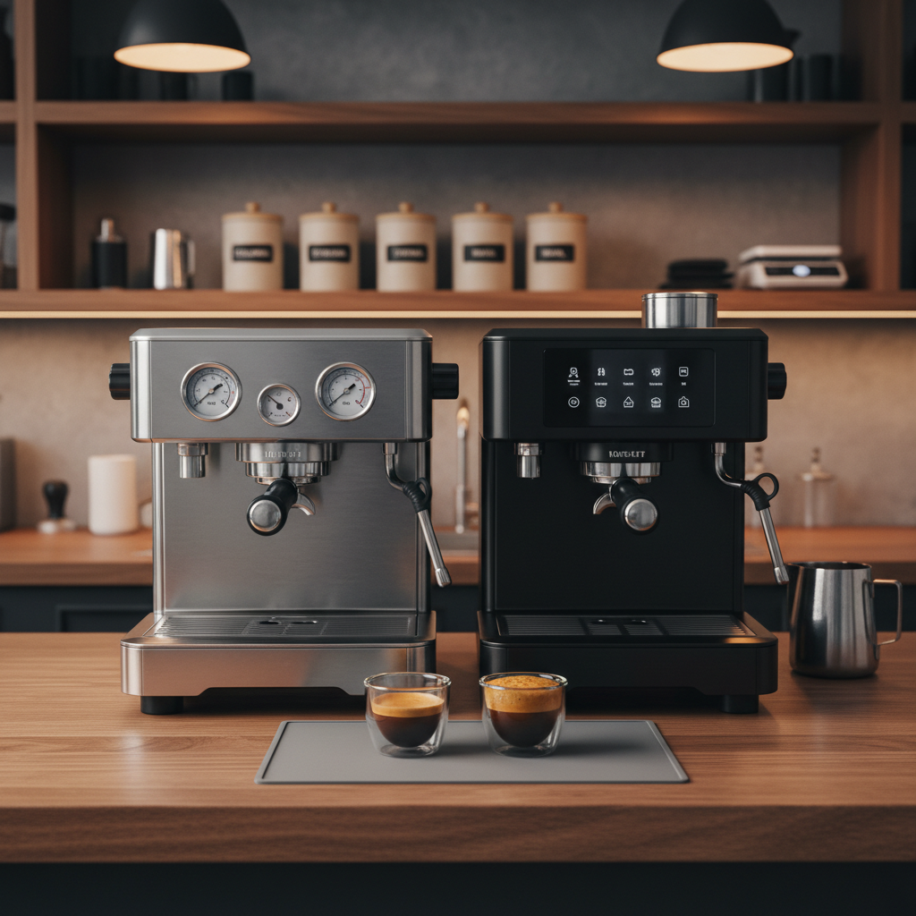 Two mid-range espresso machines positioned side-by-side on a long walnut counter, one brushed stainless steel with analog dials, the other sleek black with a minimal touchscreen. Between them, a neutral tasting mat holds two identical espresso glasses, each showing different crema thickness for comparison. In the background, organized shelves display labeled canisters for beans and a few non-branded accessories in soft focus. Warm pendant lighting from above casts controlled highlights and soft shadows that emphasize the machines’ distinct designs. Photographic, clean and modern style, shot straight-on with symmetrical framing and sharp focus throughout, evoking an analytical yet inviting atmosphere for side-by-side comparison reviews.